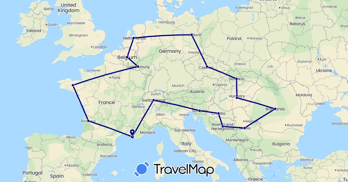 TravelMap itinerary: driving in Bosnia and Herzegovina, Belgium, Switzerland, Czech Republic, Germany, France, Croatia, Hungary, Luxembourg, Netherlands, Romania, Serbia, Slovenia, Slovakia (Europe)